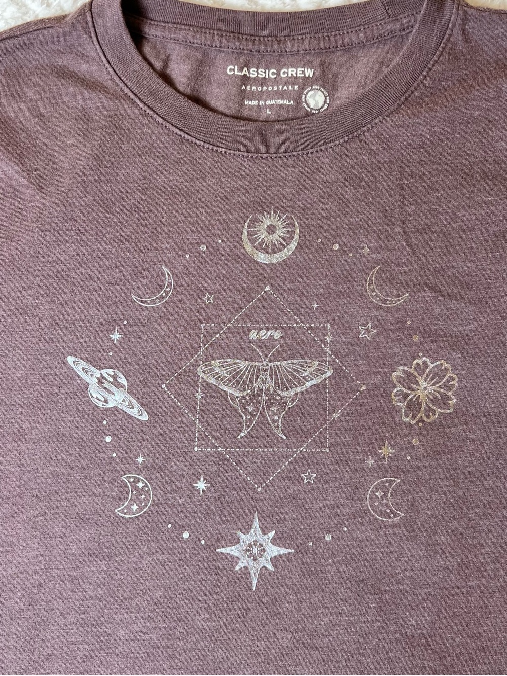 Aeropostale Purple Crewneck Tee with Metallic Celestial/Nature Graphic